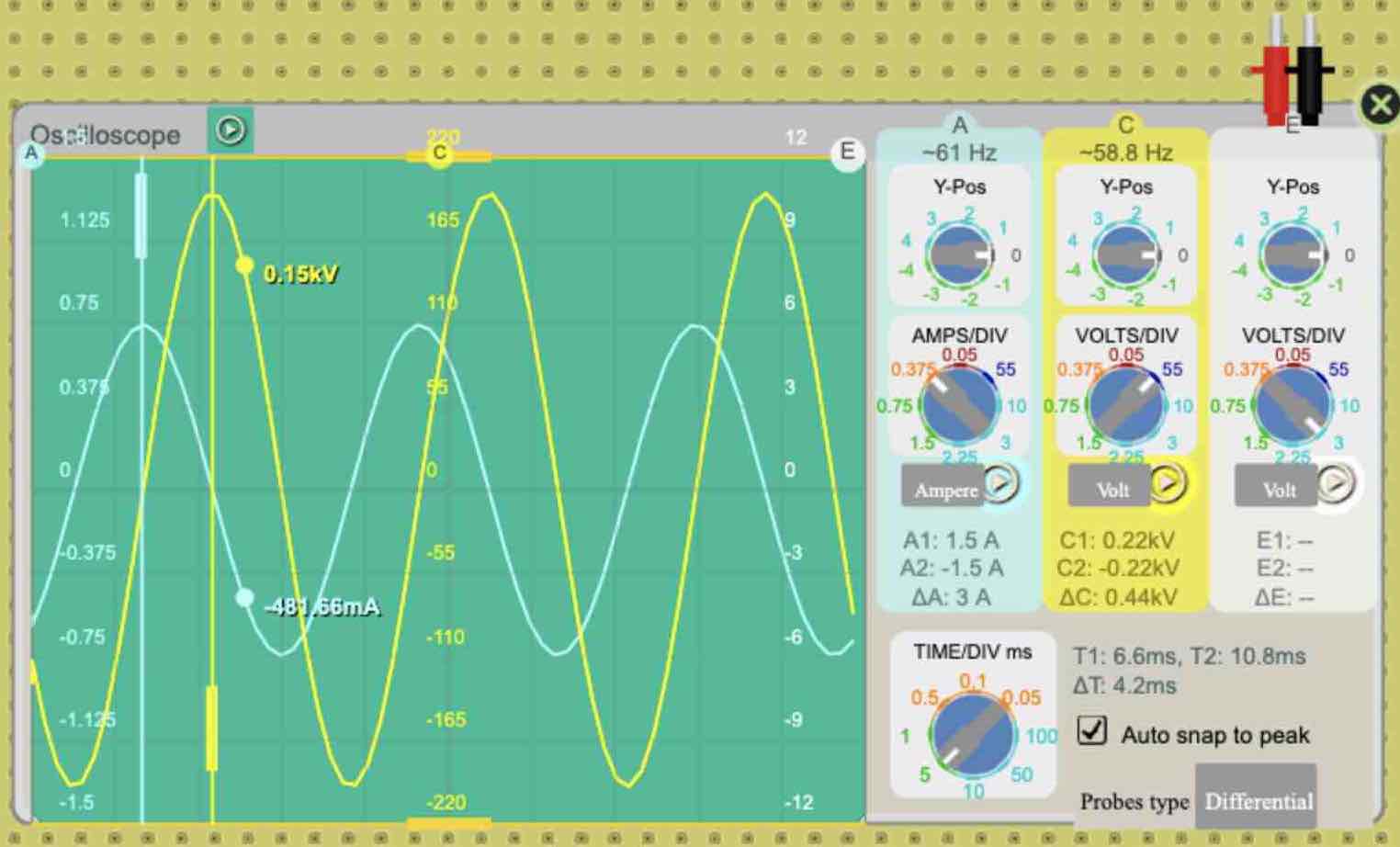 A 3 Channels Oscilloscope displayed in the interactive simulator, demonstrating real-time signal monitoring."