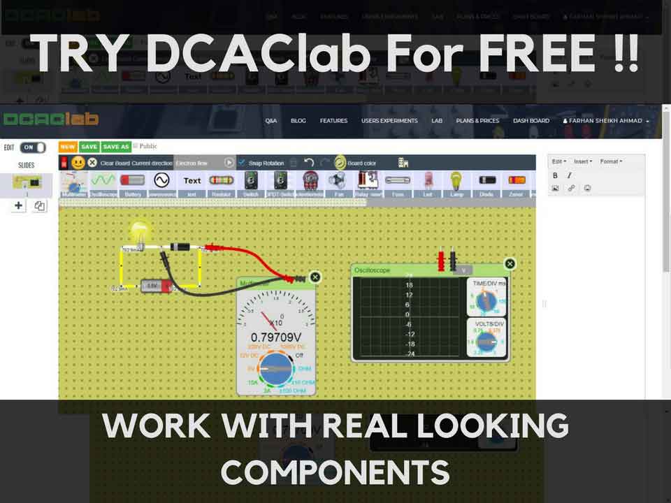 Interface displaying realistic electronic components for circuit simulation